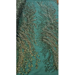 Tule Bordado com Pedrarias Premium Verde Floresta HT98091